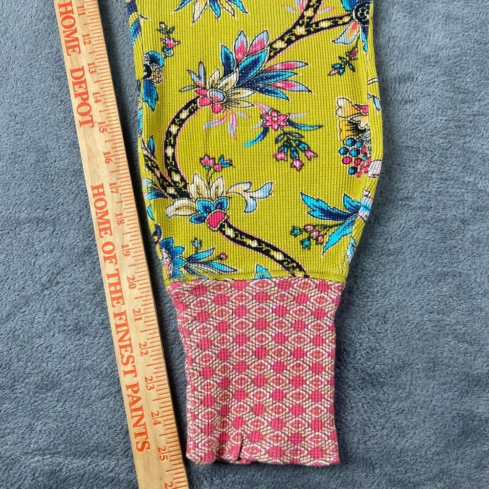 Sundance Women Large Pajama Set Yellow Floral Waffle Knit Cotton Henley Joggers